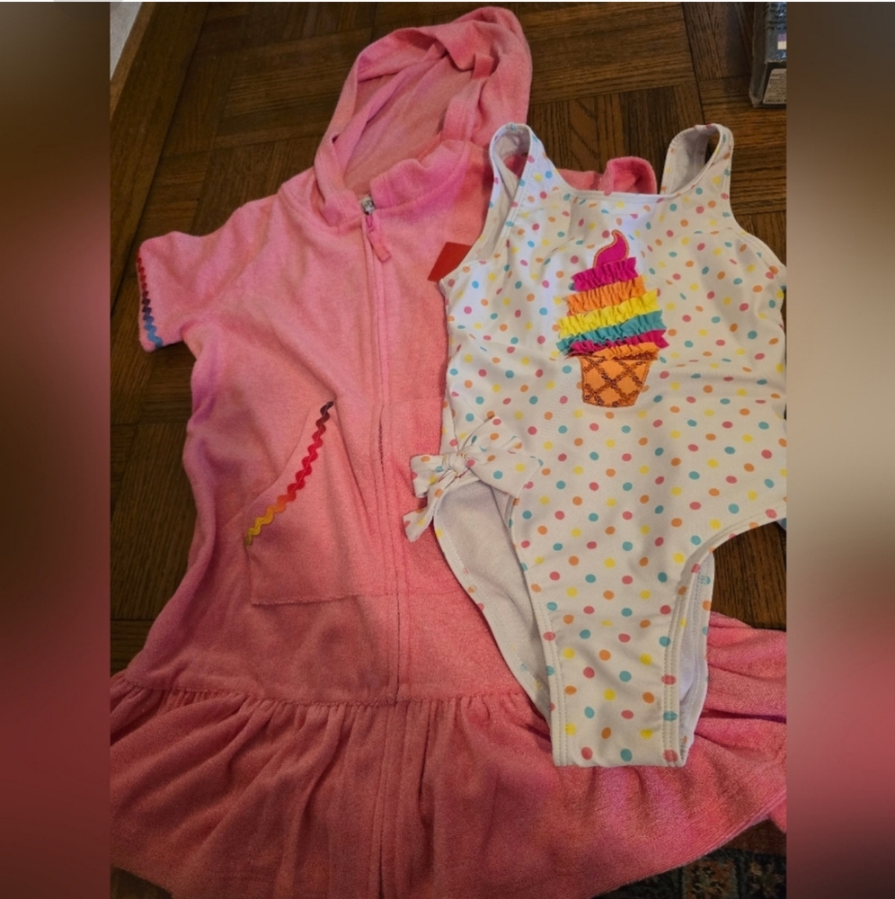 Colorful Polka Dot Swimsuit and Pink Cover-Up Set - Picture 1 of 3